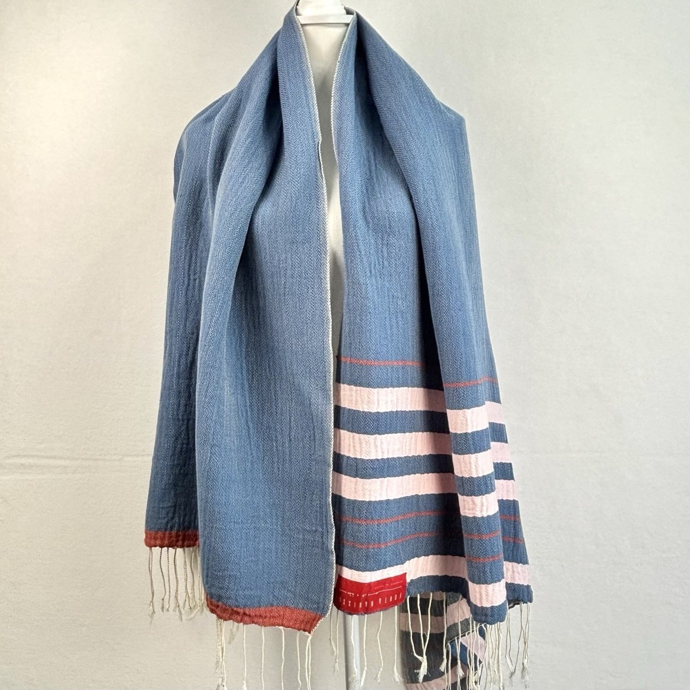 Fouta Harissa Handmade Tunisia Blue Pink Fringe Scarf Shawl Wrap Cotton 64x37”